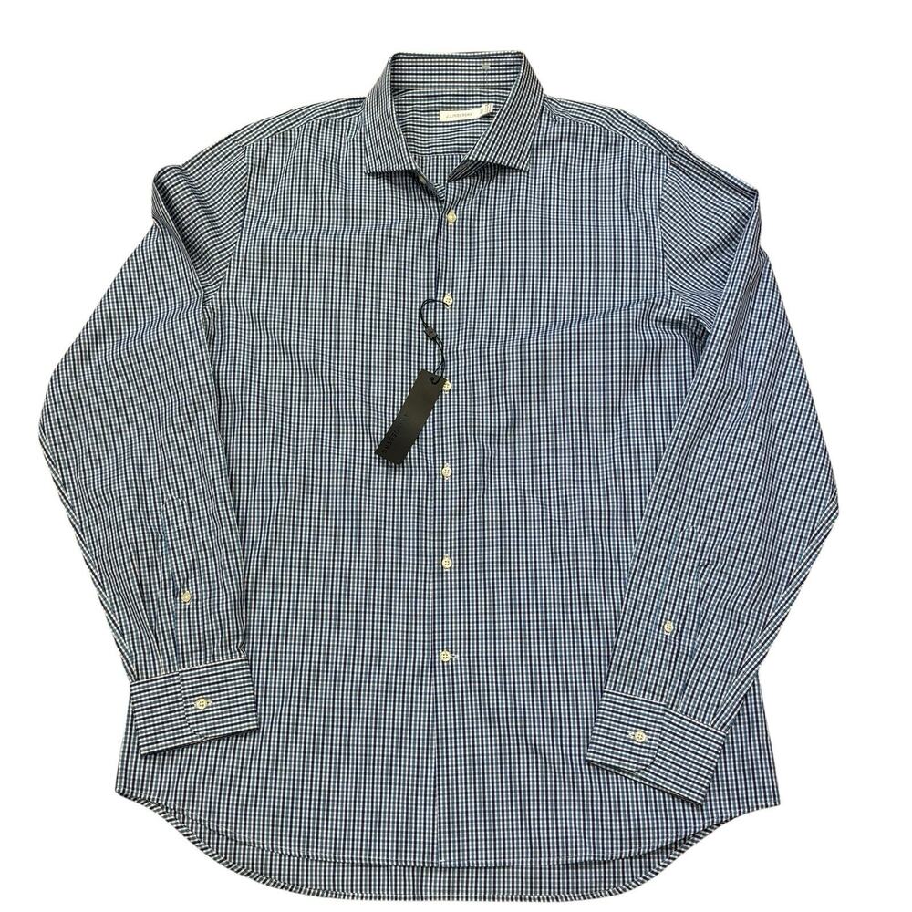 J.Lindeberg Blue Gingham Check Long Sleeve Button Down 46/18" (XL) Cotton NWT